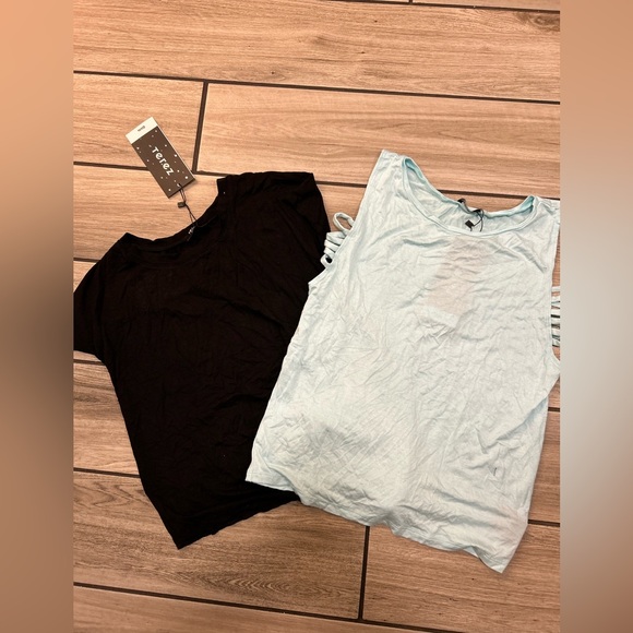 2 NWT Terez girls XL tops. Aqua tank and black muscle T with side tie front - Picture 1 of 6
